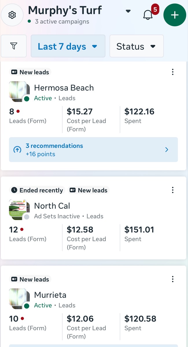 Meta Ads Manager for Murphy's Turf, last 7 days: Hermosa Beach 8 leads, North Cal 12 leads, Murrieta 10 leads